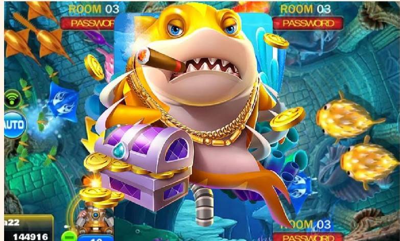 หน้าจอเกมยิงปลาพร้อมตัวละครทะเลและเป้าหมาย